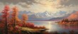 A stunning painting capturing a serene lake with majestic mountains and lush trees in the foreground, set against a backdrop of a clear blue sky with fluffy cumulus clouds