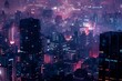 : A cityscape at night with contrast between bright lights and dark shadows