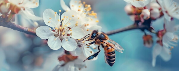 A bee collects nectar from cherry blossom flowers