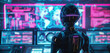 An advanced humanoid robot stands motionless as a roboticist inputs complex commands, their silhouette illuminated by the vibrant glow of futuristic monitors.