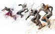 Wide angle view of skaters. high energy. illustration. White background 