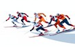 Wide angle view of skiers running to the finish line. high energy. illustration. White background 