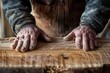 : A close-up shot of a woodworker's hands, contrasting rough, calloused hands and a smooth, polished piece of wood,
