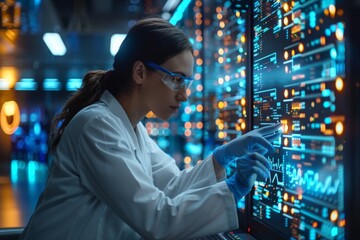 Poster - In a dimly lit laboratory, a scientist examines complex data on a high-tech, digital interface panel, indicating advanced analysis