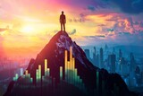 Fototapeta Na drzwi - Uomo d'affari visionario in piedi sulla cima di una montagna, con grafici finanziari. Che simboleggia il successo degli investimenti.