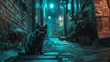 Mysterious cat in alley, moody lighting, nighttime, low angle
