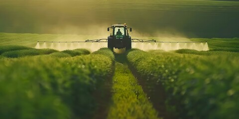 Wall Mural - A tractor sprays pesticides on a lush soybean field in spring. Concept Agriculture, Farming, Pesticides, Soybeans, Spring Harvest