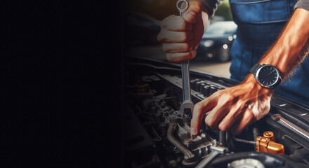 Wall Mural - Skilled auto mechanic working on a car engine in a mechanic’s garage, providing repair service