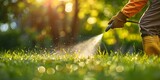 Fototapeta Panele - Worker spraying pesticide on a green lawn outdoors for pest control: A close-up view. Concept Pesticide Application, Pest Control, Green Lawn, Close-up Shot, Outdoors