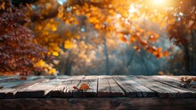 The Empty Wooden Table Top With Blur Background Of Autumns, The Empty Wooden Table Top With Blur Background Of Autum Ai Generated 