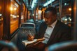 In the subtle evening light inside the bus, a man focuses on writing in a notebook disregarding his blurred face