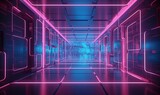Fototapeta Przestrzenne - Digital neon cyber tunnel background. Futuristic purple retro blank corridor in 90s style with led lines and electronic laser glow