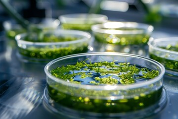 Poster - Close-up view of petri dishes with green samples, symbolizing life sciences research and biotech advances