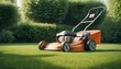 Lawn mover on green grass in modern garden. Machine for cutting lawns in sunny day.