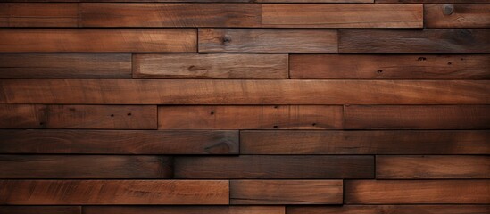 Poster - A closeup of a brown hardwood wall made of rectangular wooden planks. The wood stain brings out the natural tints and shades of the building material