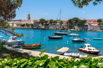 Panorama from the Adriatic promenade of the town of Krk on the island of Krk, Croatia