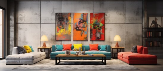 Poster - A vibrant living room with colorful furniture and art on the walls, featuring a cozy couch, cityscape paintings, and a houseplant adding a touch of nature