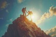 Silhouette of man helping friend reach top on mountain, team work and trust concept , sunlight background, Ai generate.