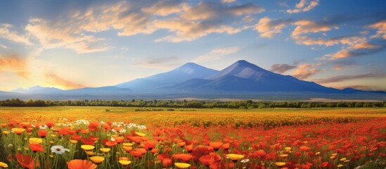 Poster - A picturesque natural landscape with a field of colorful flowers, set against a backdrop of majestic mountains at sunset, under a sky filled with fluffy clouds