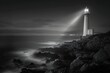 : A lighthouse on a rocky coastline with contrast between the brightly lit lighthouse and the dark coastline