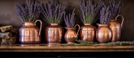 Wall Mural - A row of copper vases filled with lavender flowers on a wooden mantle, serving as plant decor in a houseplant arrangement