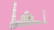 Digital Disintegration Of Taj Mahal On Pink Background. Taj Maha 3D Digital Disintegration Of Animation. 3D Animation. 4K. Ultra High Definition. 