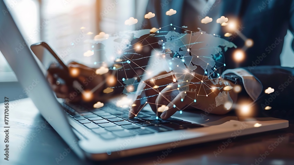 Currency exchange, money transfer. Businessman using mobile phone for digital banking, world currency via mobile app. FinTech financial technology, online banking, interbank payment, e-transactions