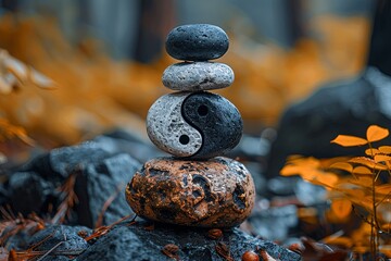 Stack of rocks with a yin and yang symbol. Concept of balance and harmony