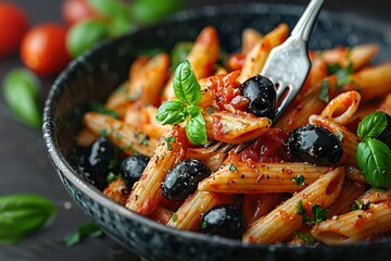 Wall Mural - A fork holding penne pasta with tomato sauce and black olives, with a backdrop of fresh green leaves and a grey table cloth.