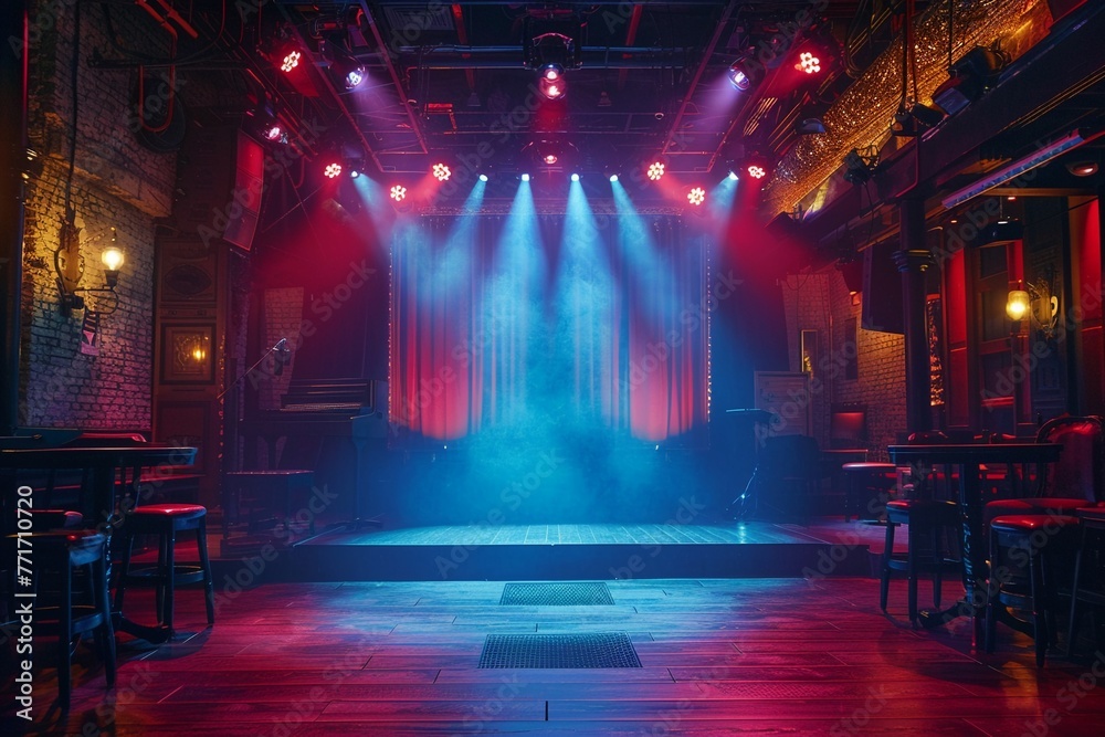 Comedy club interior, wide view, spotlight on stage for a standup ...