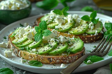 A white plate with two slices of toast with creamy avocado and feta cheese