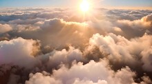 An Aerial Shot Above Beautiful Sunset Clouds With Sun Shining Through Fog Detailed Picturesque View Camera Moving Into Amazing Cloudscape With Beautiful Light Rays Realistic CG Animation