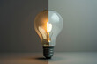 A light bulb is lit up and is the center of attention. The light bulb is surrounded by a dark background,