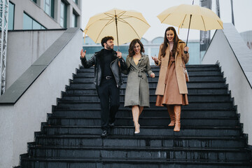 Sticker - Three stylish friends with umbrellas walking down city stairs, enjoying a rainy day.