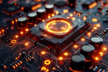 Poster - High-resolution image of a central processing unit chip surrounded by neon light, symbolizing cutting-edge technology
