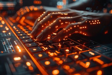 An image capturing hands typing on an illuminated keyboard, with a focus on interaction and technology