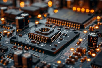 Poster - Closeup image showing the density and precision of a modern high-tech circuit board with an emphasis on the central chip