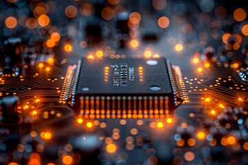 Poster - Close-up image of a glowing microchip circuit board highlighting the advanced technology and micro-electronics