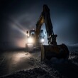 low key photography, backhoe at night, fog, snow