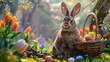 Cute Easter Bunny with  A Basket of Easter Eggs Easter Holiday Happy Easter Aspect 16:9