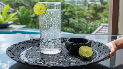 Poster -  Person holding black plate w/water & lime, green plant in background