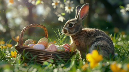 Wall Mural - Cute Easter Bunny with  A Basket of Easter Eggs Easter Holiday Happy Easter Aspect 16:9