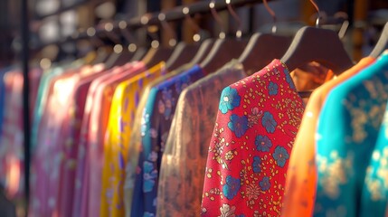 Wall Mural - Colorful woman's dressing clothes on hangers on rack displayed in the modern boutique shop, woman shopping concept.