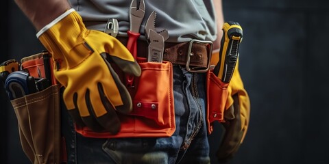 Close up of a maintenance worker with tool kits on the waist standing in front of rough wall, portrait of man at work.