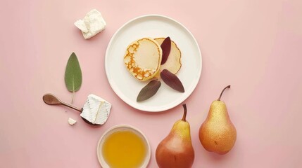 Poster -  A white plate with a cake, tea, and pear on a pink background