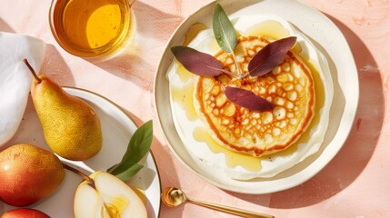 Sticker -  A table with a cup of tea, a plate of food, and a plate of fruit