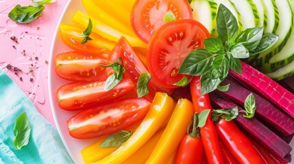 Poster -  A white plate holds sliced veggies, while cucumbers and radishes lay nearby