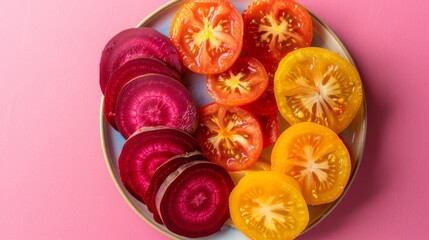 Poster -  A plate with sliced red, yellow tomatoes, and a tomato on top