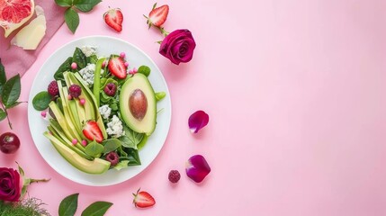 Poster -  A white plate holds sliced avocado and strawberries, resting on a pink surface alongside flowers