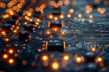 Poster - An image capturing the glowing orange lights of diodes on a dark printed circuit board highlighting technology and connectivity